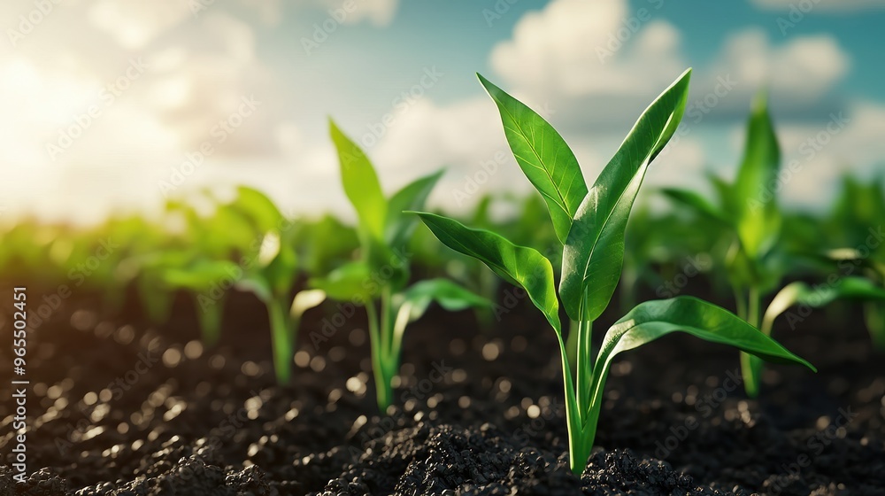 Poster futuristic smart agriculture crop growth simulation in with copy space and selective focus on foregr