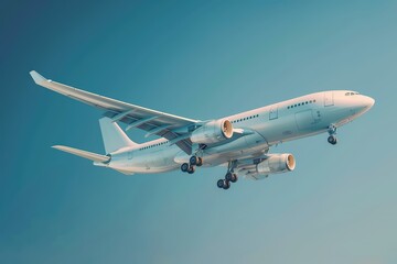 Obraz premium A sleek commercial airplane soaring through a clear blue sky, showcasing modern aviation technology and design excellence.