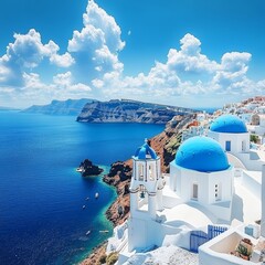 Fototapeta premium Scenic Santorini Whitewashed Houses with Blue Domes Perched on Cliffs, Aegean Sea, Greece