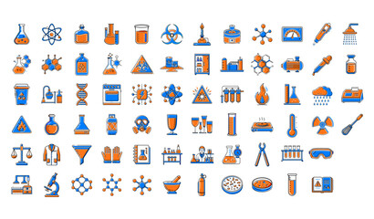 Fototapeta premium Set of science and lab icons in blue and orange with various scientific tools and symbols