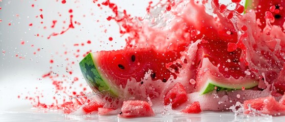 Watermelon Splash on White, vibrant watermelon pieces bursting with juice, isolated against a clean white backdrop, showcasing refreshing summer energy and fun.