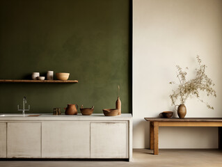 Wabi sabi and japandi japanese style rustic interior in forest green, white and neutral with wood, pottery and texture elements