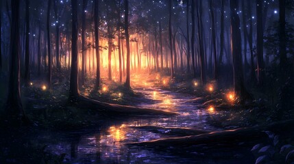 Obraz premium Dreamlike Pastel Forest, a vibrant landscape with glowing neon colors illuminating whimsical trees and a serene atmosphere.