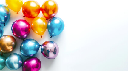 Fototapeta premium A vibrant collection of shiny helium balloons in various colors, including blue, orange, pink, and purple, creates a cheerful atmosphere perfect for celebrations - Generative AI