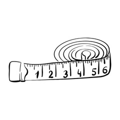 Sewing meter - instrument of measurement for needlework, tailor. Vintage Centimeter for sew. Design element of hand made tool. Graphic vector line, hand drawn, black silhouette for cricut