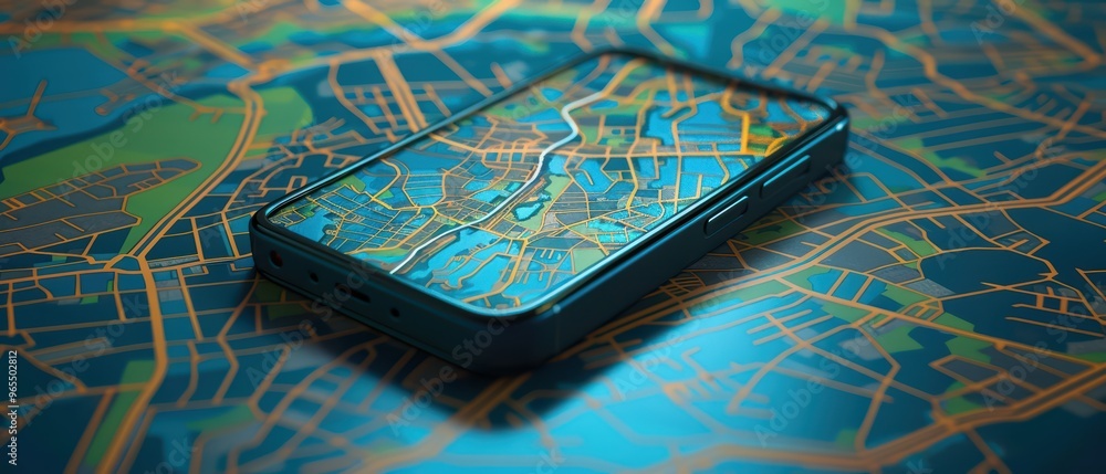 Poster a smartphone displaying a vibrant map sits on a colorful urban layout, highlighting modern technolog