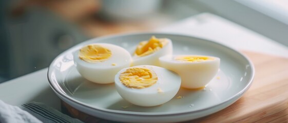 A simple yet appetizing presentation of hard-boiled eggs sliced in half, placed on a white plate in a cozy kitchen setting, ready to be enjoyed.