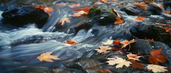 Autumn leaves scattered on smooth rocks in a gently flowing stream, capturing the essence of fall with vibrant colors and serene motion.