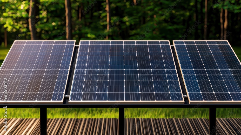 Poster futuristic solar farm energy distribution simulation in with copy space, selective focus on foregrou