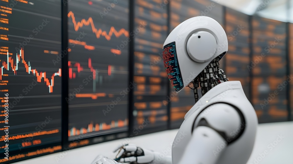 Poster ai robot analyzing stock market data on screen