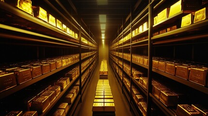 Secure gold reserves in a high-tech vault, showcasing rows of gleaming gold bars, symbolizing wealth and economic stability in a modern financial landscape