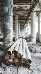Obraz premium Rolled Up Materials in an Abandoned Building