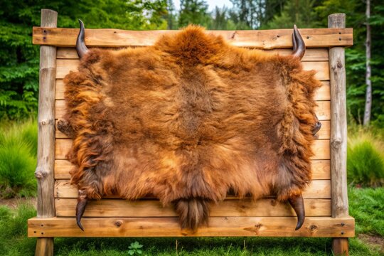 A tanned buffalo hide is carefully stretched over a wooden frame, its rugged texture contrasting with the smooth surface of the wood.