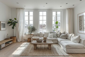 Fototapeta premium Scandinavian Living Room A bright, minimalist living room with white walls, light wood flooring, and a grey fabric sofa. Add a simple coffee table, a large green plant in the corner, and a white rug.