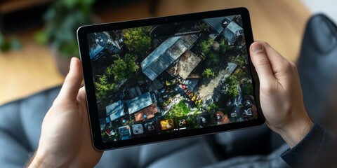 Person holding tablet showing aerial view of buildings.