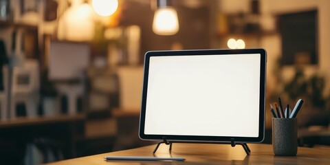 Tablet on stand with pen and pencils on desk.