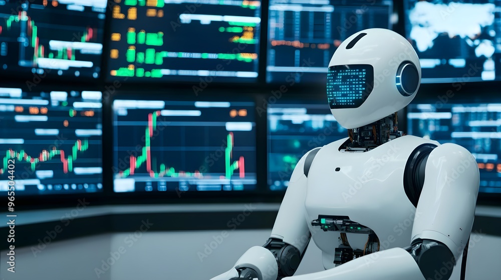 Poster ai robot monitoring stock market data on screens