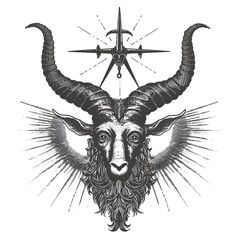Obraz premium Detailed goat head illustration with majestic horns, radiant rays, and a hanging star symbolizing mysticism, occult power, spirituality, gothic art, and esoteric symbolism in sacred themes 