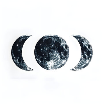 Triple moon phase illustration representing waxing, full, and waning moon, symbolizing spirituality, mysticism, lunar cycles, feminine energy, and cosmic balance in esoteric themes
