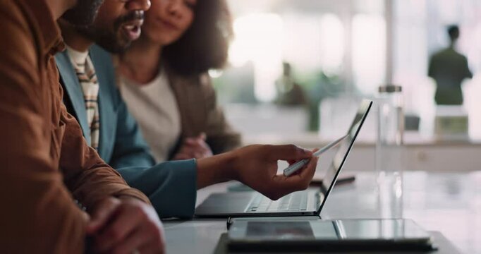 Tech, meeting and hands of people in office for discussion, business finances and brainstorming. Team, software or talking at table for planning, feedback or proposal for company growth in board room