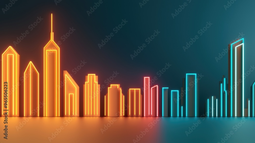 Poster neon lights illuminate futuristic cityscape - high-tech urban simulation in with copy space and sele