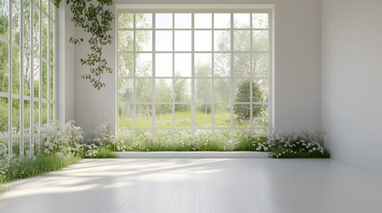 Fototapeta premium A white, empty room with a view of a summer landscape
