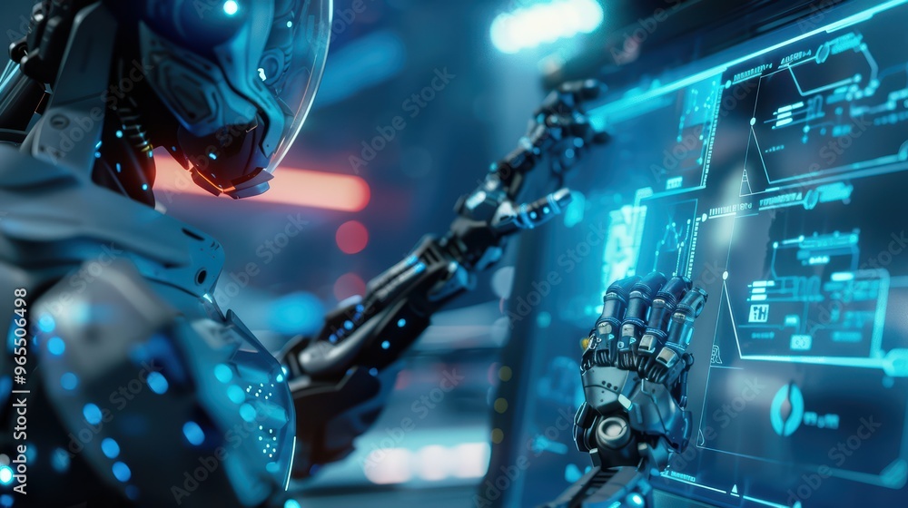 Poster advanced robot interacting with a high-tech control panel in a futuristic environment, showcasing mo