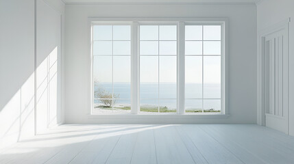 A white, empty room with a view of a summer landscape