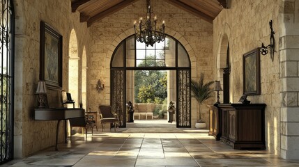 Fototapeta premium A spacious stone hallway with arched doorways, a chandelier, and furniture, leading to a garden view.