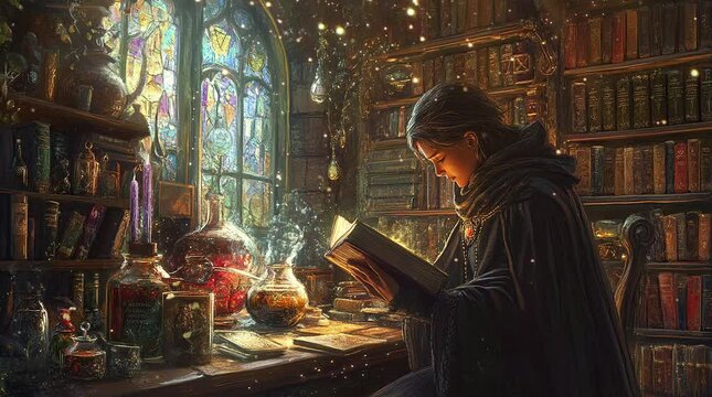 Young magic wizard deeply engrossed in reading a spellbinding magic book in a cozy room filled with enchanting decor and seamless looping 4k time-lapse virtual video animation background. generated ai