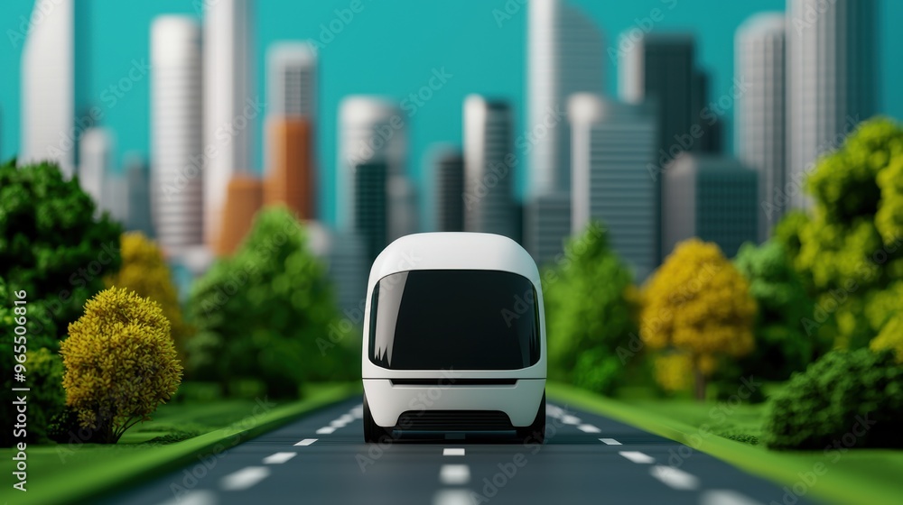 Aufkleber futuristic autonomous vehicle network in smart city with copy space, high-tech transportation simula