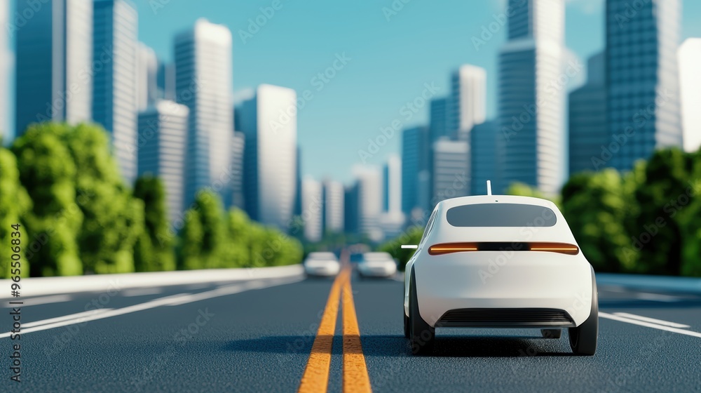 Poster futuristic autonomous vehicle network in smart city with copy space, selective focus on high-tech tr