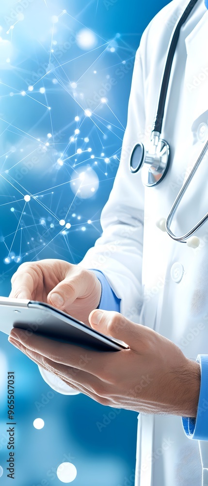 Poster doctor using tablet with network connection.