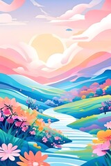 Easter-themed abstract landscape with fluid, flowing lines representing hills, flowers, and hidden eggs in soft, pastel shades