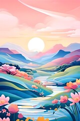 Easter-themed abstract landscape with fluid, flowing lines representing hills, flowers, and hidden eggs in soft, pastel shades