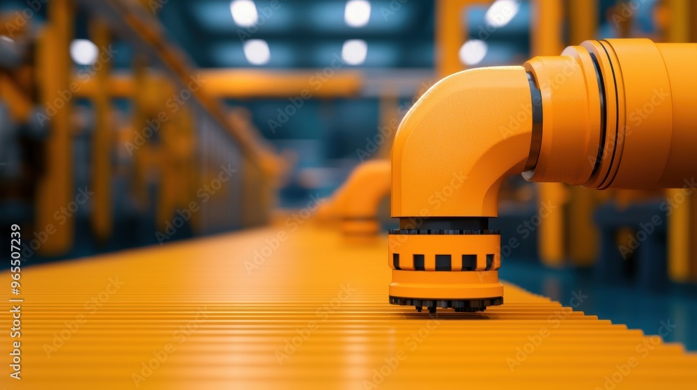 Poster futuristic high-tech factory automated production simulation with copy space, selective focus, and q