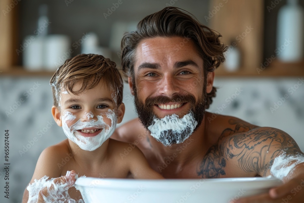 Wall mural cheerful father showing his son how to shave at home, generative ai