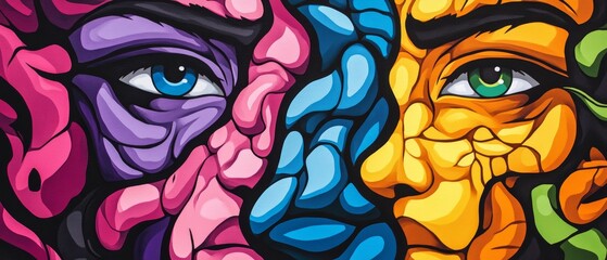 Vibrant abstract artwork featuring expressive eyes and colorful patterns, representing creativity and individuality.