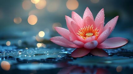 Pink Water Lily with Dew Drops and Bokeh Lights