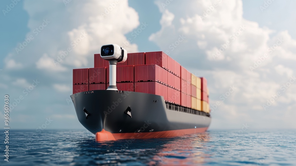 Poster futuristic autonomous shipping fleet global logistics simulation - with copy space and selective foc