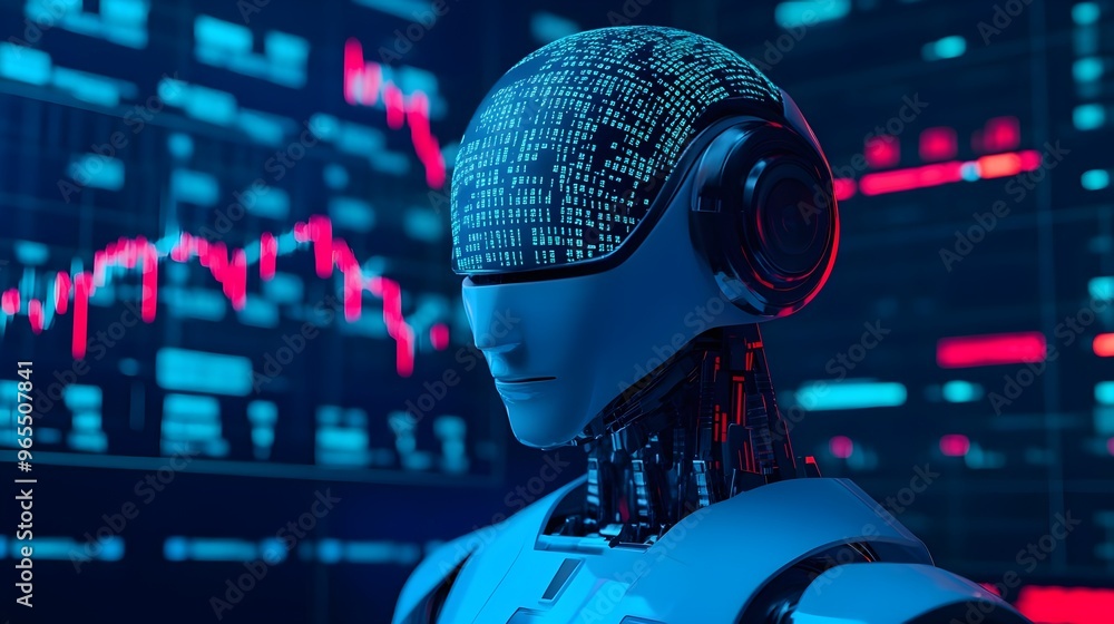 Poster ai robot with data code & stock market charts
