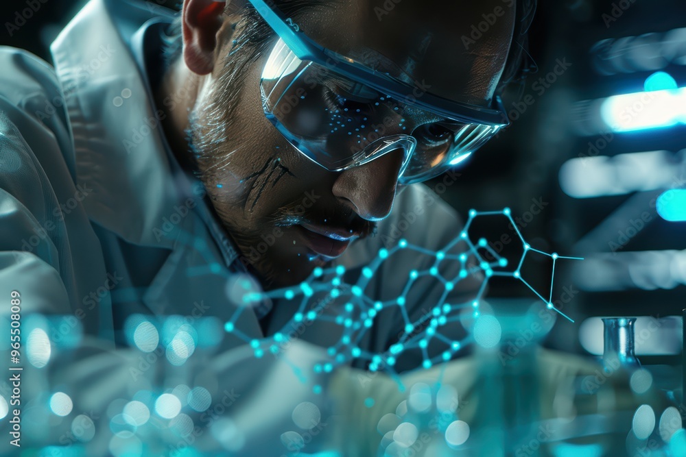 Poster focused scientist examining molecular structures in a high-tech lab, showcasing advanced research pr