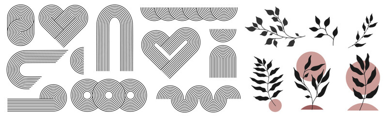 Zen arch set, simple line arch, botanical elements and geometric shapes. Geometric Japanese zen pattern minimal elements. Boho style strips.