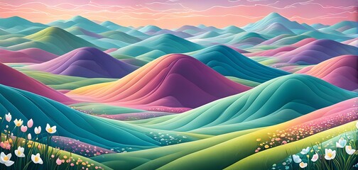 Easter-themed abstract landscape with fluid, flowing lines representing hills, flowers, and hidden eggs in soft, pastel shades