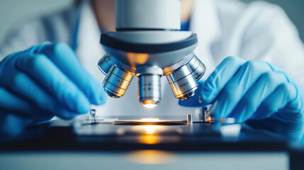 Close-up of a medical professional’s gloved hands carefully adjusting the focus on a microscope, highlighting the precision and care in medical diagnostics and research.
