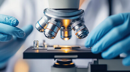 Close-up of a medical professional’s gloved hands carefully adjusting the focus on a microscope, highlighting the precision and care in medical diagnostics and research.