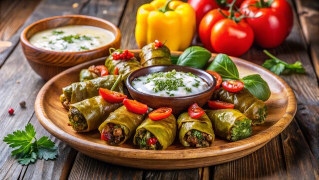 Vine-leaf rolls filled with seasoned ground meat, rice, and spices, served warm with a side of tangy yogurt sauce and crispy grilled vegetables.