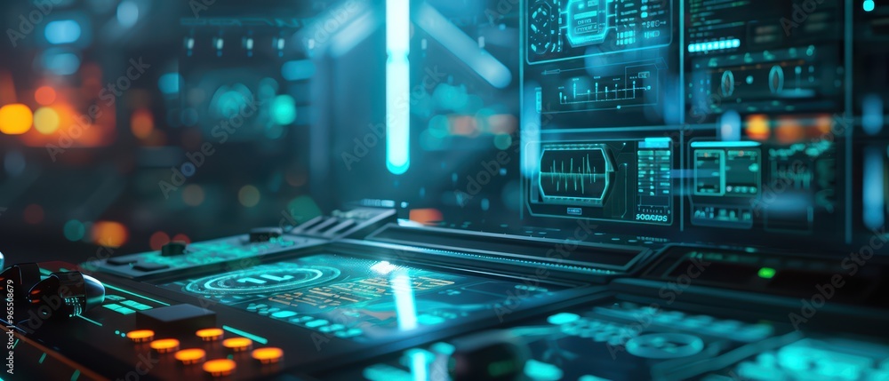 Poster futuristic control panel showcasing glowing screens and intricate digital interfaces in a high-tech 