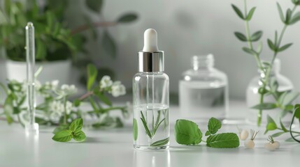 Glass dropper bottle with botanical serum and fresh herbs