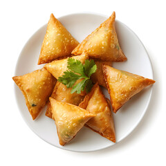 Plate with vegetarian Indian samosas isolated on white background